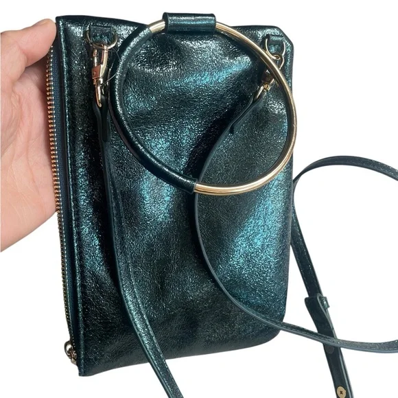 INC Charlii Bangle Handle Solid Faux-Leather Crossbody Bag Clutch Metallic Green - Picture 2 of 8